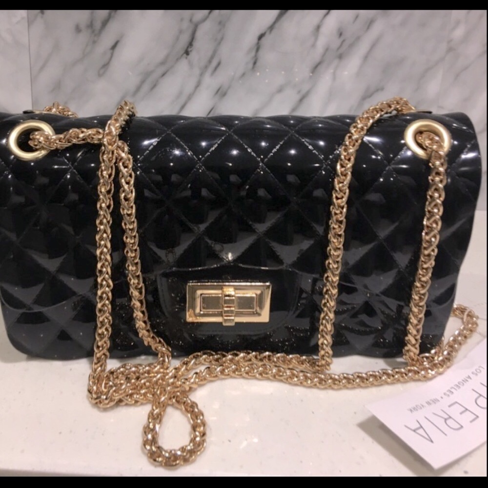 Quilted Black Chain Shoulder Bag with Gold Hardware
